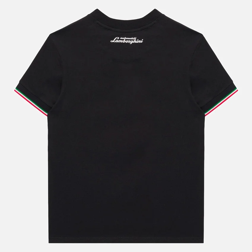 Automobili Lamborghini Squadra Corse Zwart driekleurig sport-T-shirt voor kinderen Automobili Lamborghini Squadra Corse Zwart driekleurig sport-T-shirt voor kinderen