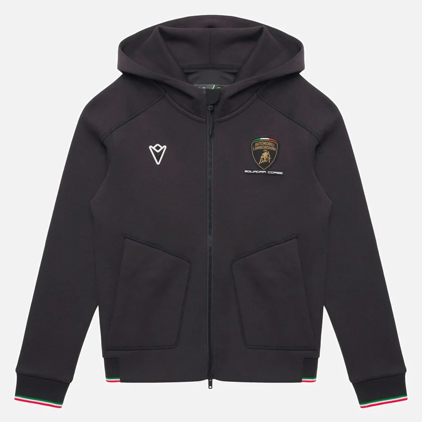 Automobili Lamborghini Squadra Corse zwarte driekleurige hoodie met volledige rits voor kinderen Automobili Lamborghini Squadra Corse zwarte driekleurige hoodie met volledige rits voor kinderen