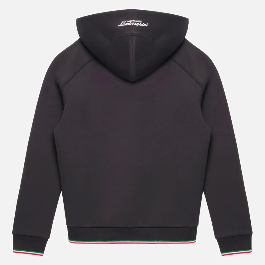 Automobili Lamborghini Squadra Corse zwarte driekleurige hoodie met volledige rits voor kinderen Automobili Lamborghini Squadra Corse zwarte driekleurige hoodie met volledige rits voor kinderen